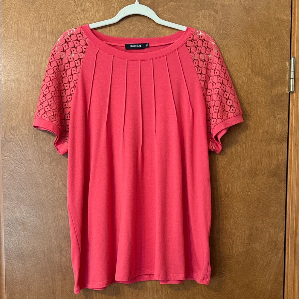 Women's Coral Pleated Blouse with Lace Sleeves
